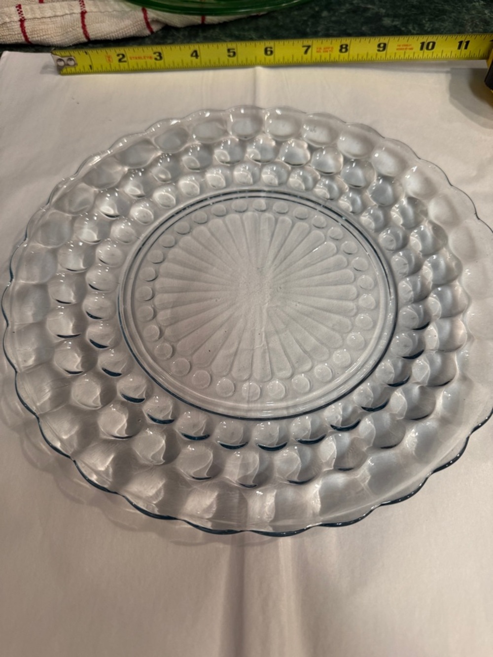 Clear Pressed Glass Dinner Plate with Decorative Dot, Sunburst Pattern set of 2